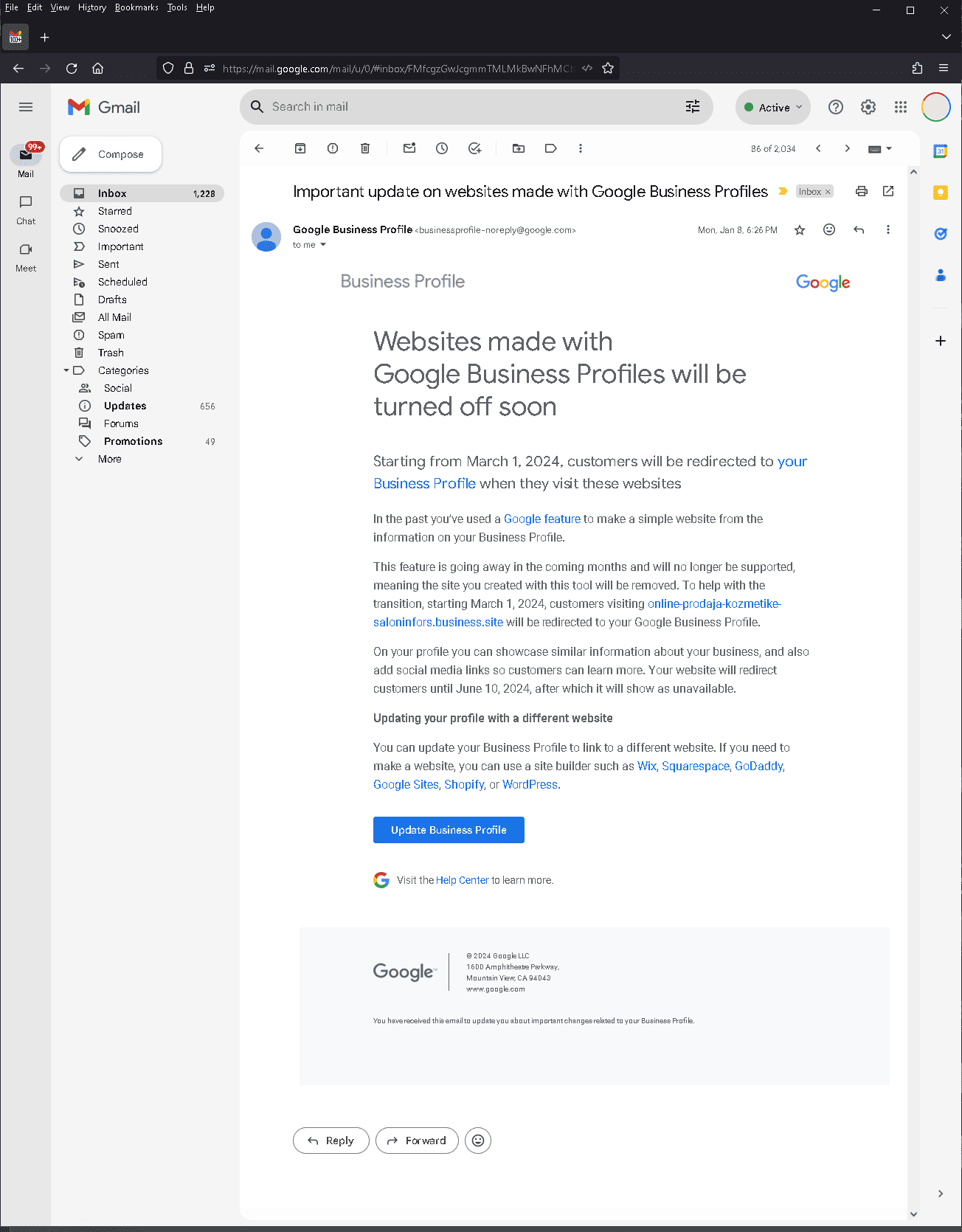 Email od Google sa obaveštenjem da se sajtovi u okviru Google Business profila gase